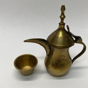 Dallah Coffee Pot w/Cup Solid Brass Jar Old Mini Arabic Middle Eastern Antique